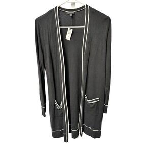 Talbots Black Cardigan Sweater White Trim Open Front Pockets Womens Small